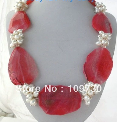 

Jewelry 002338 Huge Slab Fuchsia Pink Freedom Agate&White Pearl&Light Pink Crystal Necklace