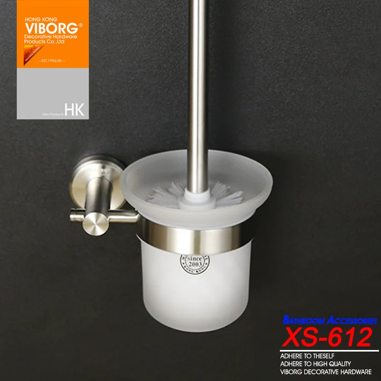 VIBORG Deluxe SUS304 Stainless Steel Wall Mount Mounted Toilet Brush set With Tempered Glass Cup Holder