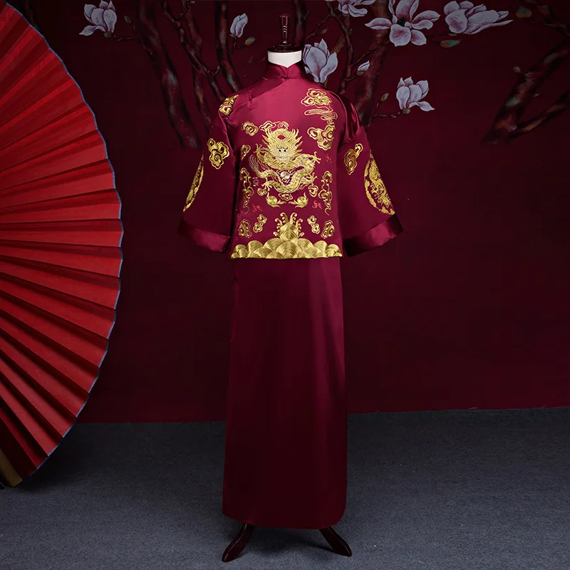 Male Red Cheongsam Toast Costumes Grooms Dress Jacket Long Gown