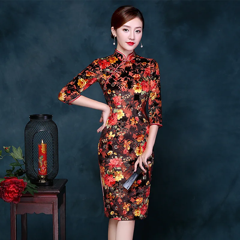 2018 модные бархатные Cheongsam короткий желтый Qipao Для женщин Китайская традиционная Платья для женщин ретро туалетный вечернее платье