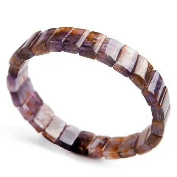 

Genuine Natural Purple Gold Titanium Cacoxenite Rutilated Quartz Bracelet Women Lady Rectangle Bead Crystal Bangle Bracelet