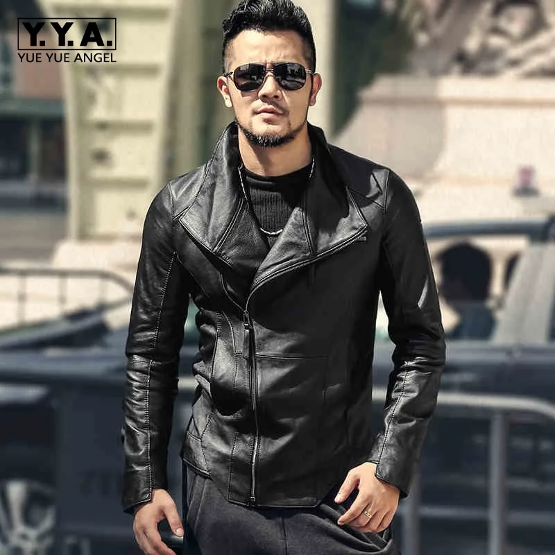 

British Style Pocket Zipper Outerwear High Quality Genuine Leather Lapel Collar Jacket Mens Luxury Slim Fit Short Sheepskin Coat