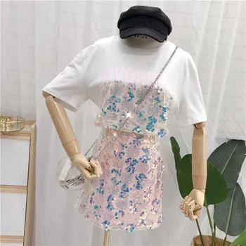 

Summer Fashion Suits Woman 2 Pieces Sets Outfits Oversize Short Sleeve Print T-shirt + Sequins Skirt Casual Suit Womens Clothing