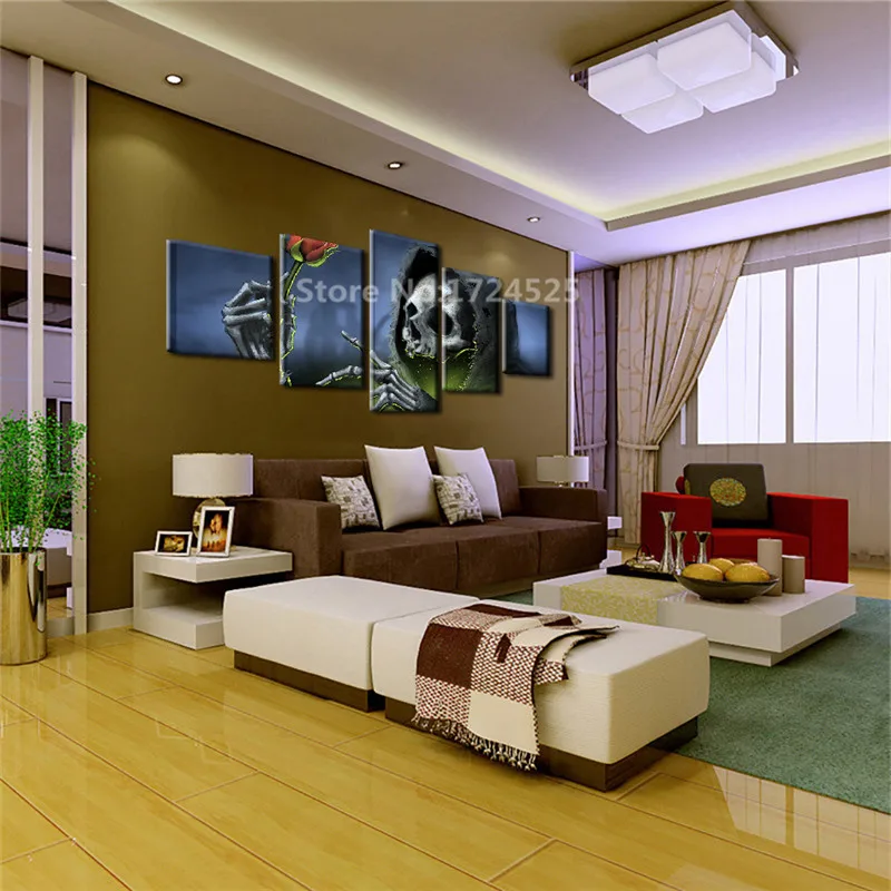 Canvas-Pictures-Home-Decor-Wall-Art-5-Pieces-Black-Hat-Skull-Red-Rose-Painting-For-Living (3)