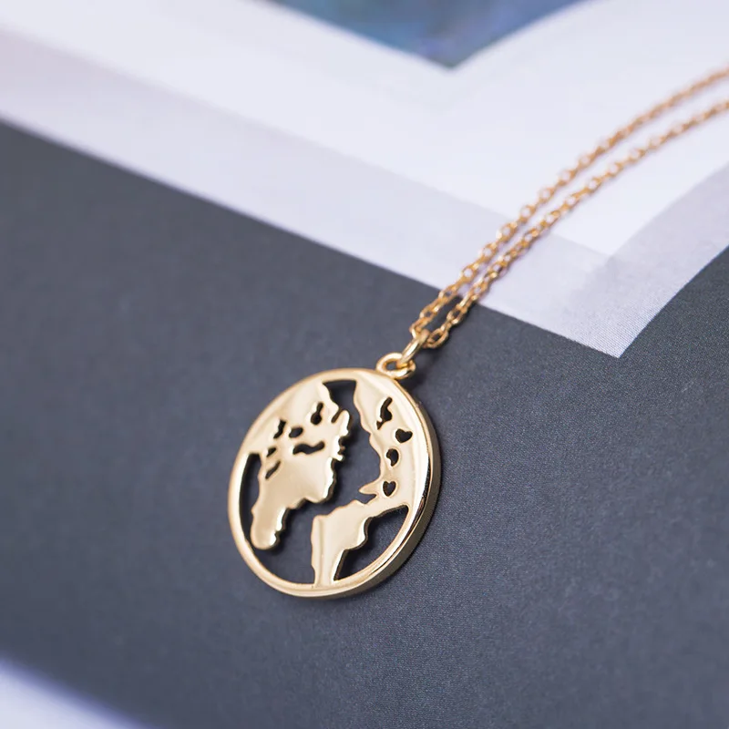 

Brief World Map Round Charm Pendant Women Vintage Short Chain Necklace 925 Sterling Silver Gold Color Cute Simple Choker Jewelry