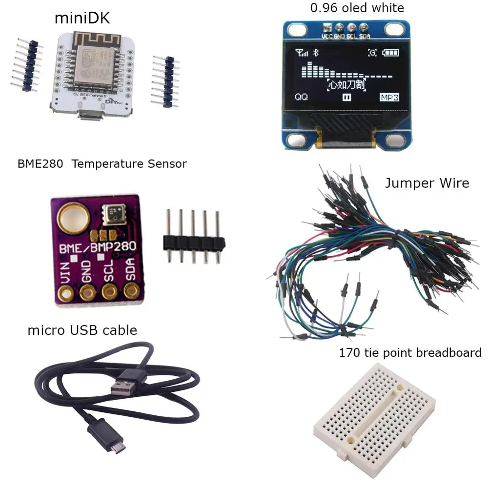 Комплект метеостанций MiniDK(MiniDK+ 0,96 OLED+ макетная плата+ 65 шт. Скакалка+ Кабель Micro USB+ датчик температуры и влажности BME280