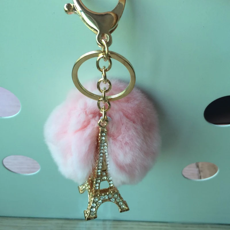 

Felyskep Rabbit Fur Ball with Eiffel Tower Keychain For Keys Souvenirs Key Chain Key Ring Decoration Key Gift Souvenirs 092AZL