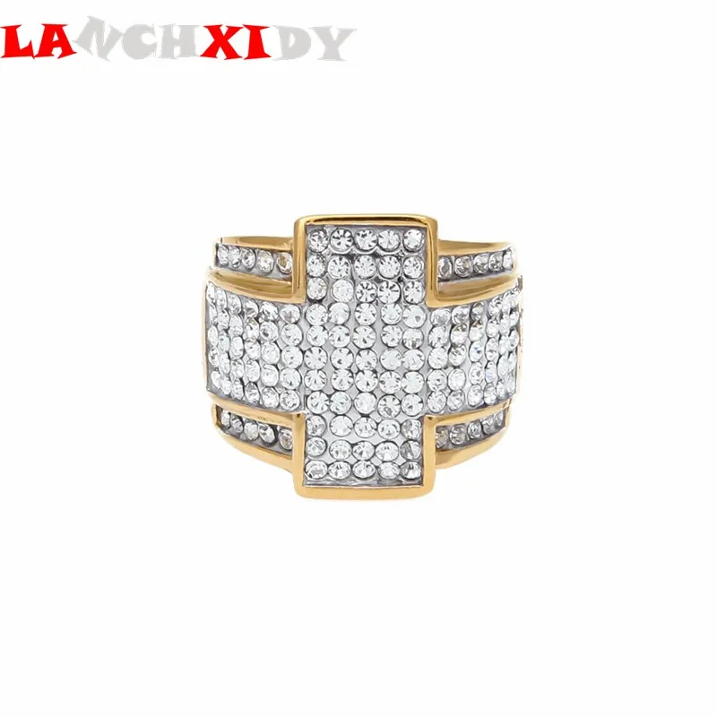 

LANCHXIDY Hip Hop Ring Men Cross rhinestone design stainless steel gold exaggeration ring nightclub DJ tide fashion Men jewelry