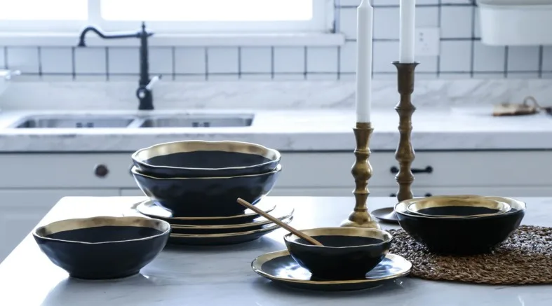 Новинка в европейском стиле золото сбоку черная тарелка столовая посуда в ретро стиле матовая стейк десертная тарелка лоток кухня ужин керамическая чашка и наборы Мисок