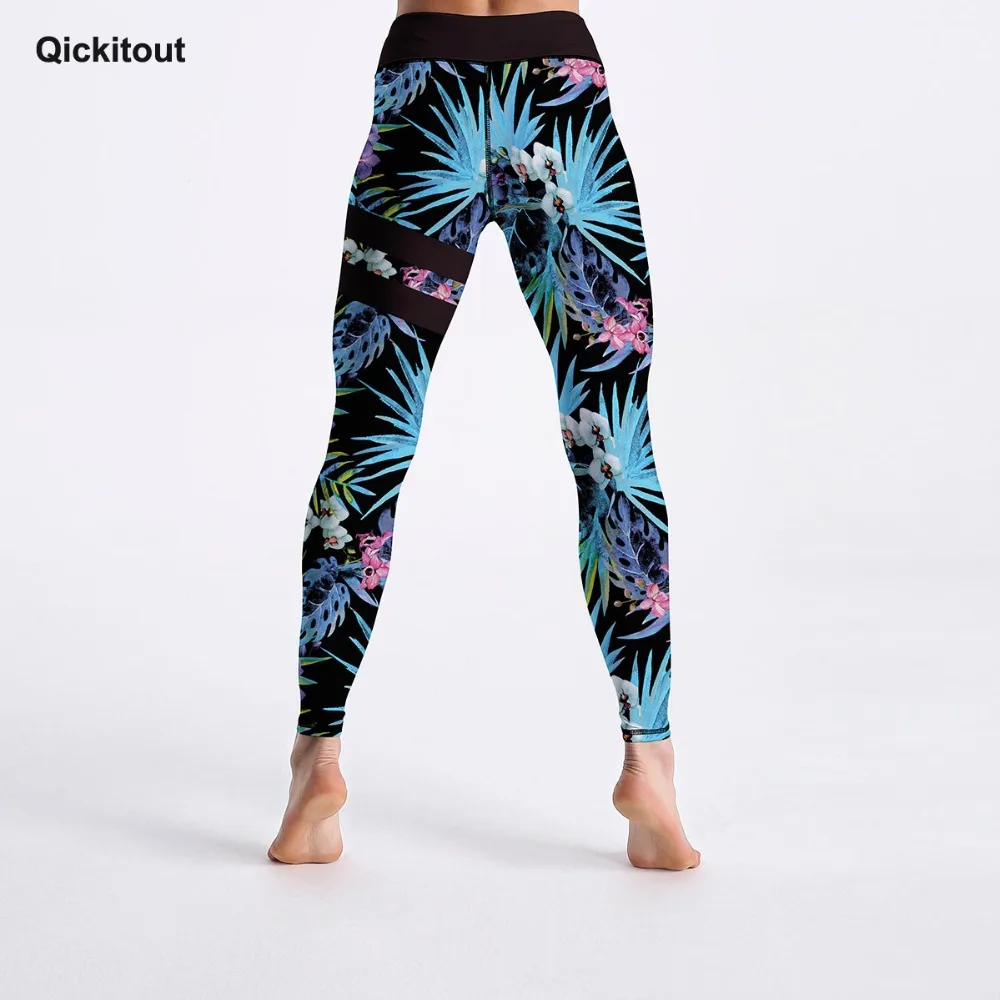 Qickitout Neue Ankunft Motte Orchidee mit Blau Blätter Gedruckt frauen Leggings Lässige Workout Fitness Bottom Patchwork Muster