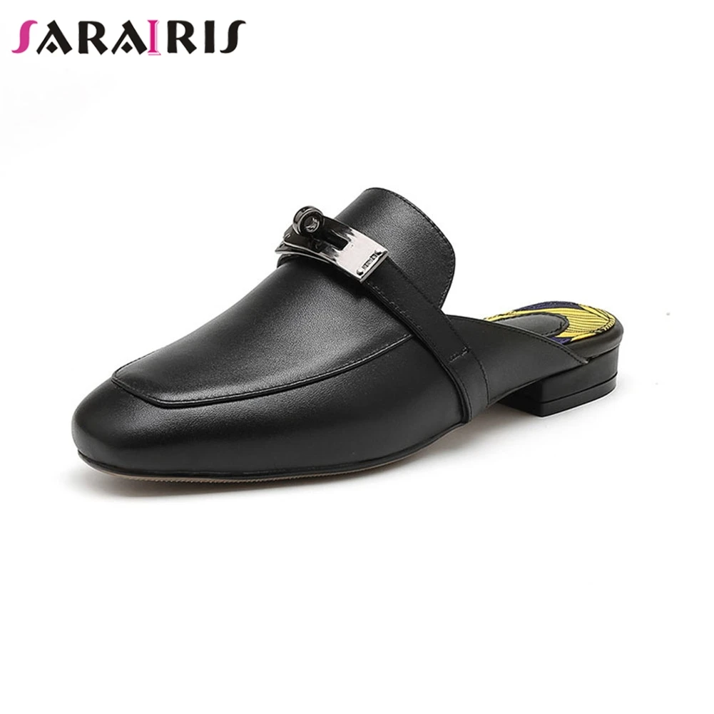 

SARAIRIS New Fashion Solid women's Genuine Leather Metal Decoration Shoes Woman Casual Party Srping Summer Slippers Black