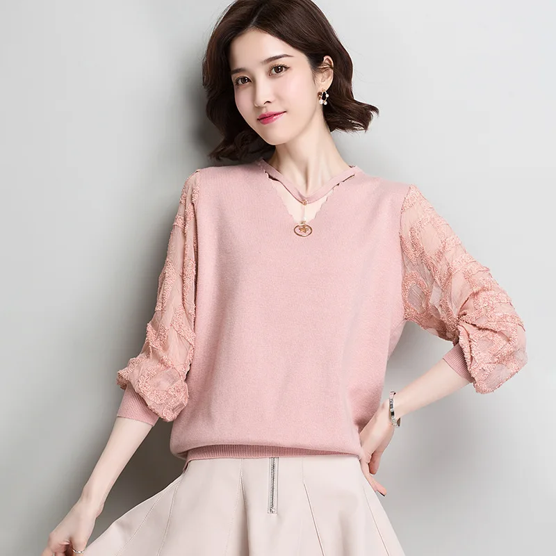 Polyster sweet V-neck blouses femme Ice silk knitted Blouse and shirts Spring Summer casual elegant office lady womens tops 2019