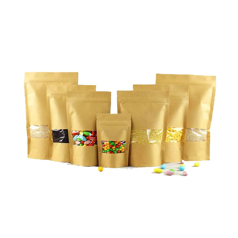 100pcs Brown Kraft Paper Bags For Gifts/candy/tea/food/wedding With Window Stand Up Zipper Kraft Bags Crafts Packing Bag Display