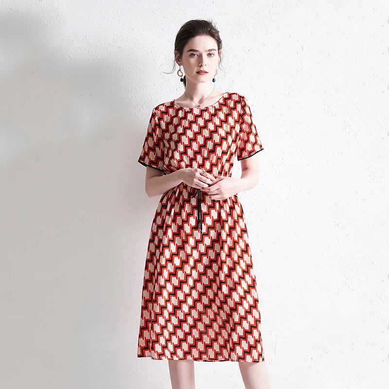 

Red Plaid Printing Midi Dress Summer Silk Dresses Ladies