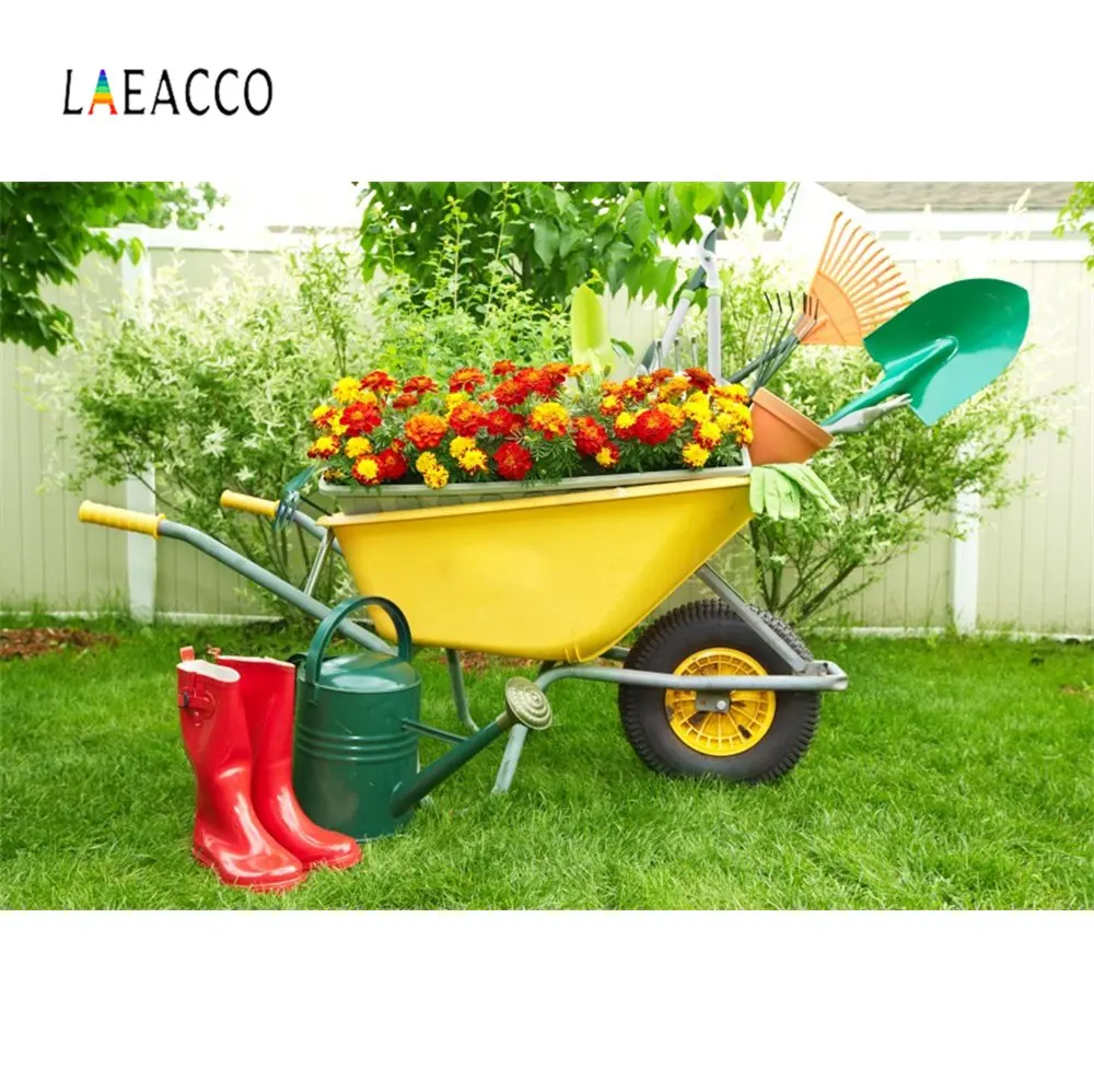 

Laeacco Spring Wheel Barrow Green Backdrops Lawn Garden Park Tools Child Scenic Photo Backdrops Photo Backgrounds Photo Studio