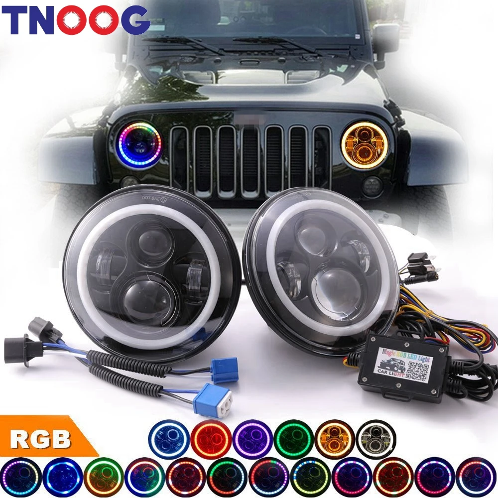 

7 Inch LED Headlight with DOT E9 40W Multicolor RGB Halo Angle Eye APP Bluetooth Remote For Jeep Wrangler TJ JK For UAZ Hunter