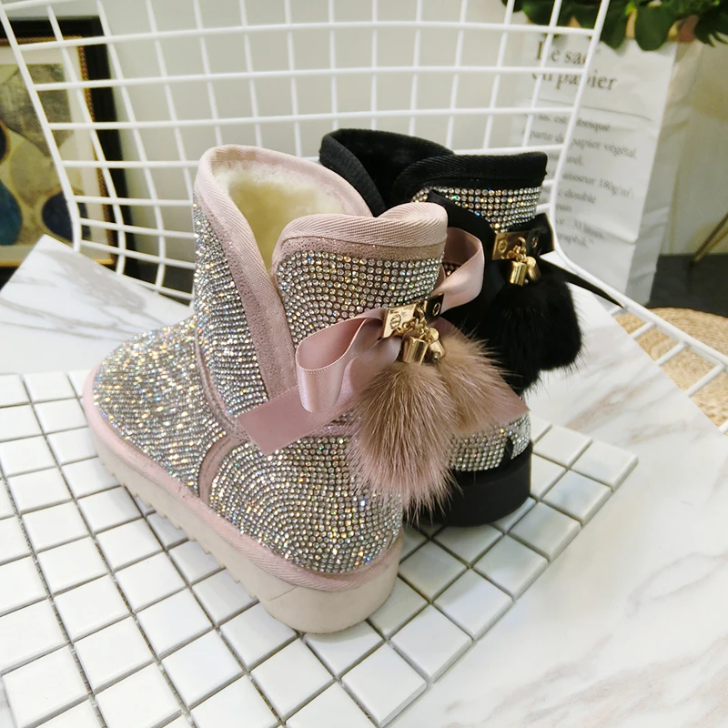 EXCARGO Shoes Woman Snow Boots Rhinestone Bow 2019 New Velvet Fur Warm Casual Shoes Lady Ankle Short Tube Snow Boots Female 40