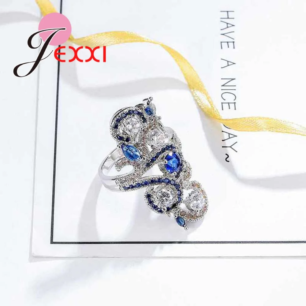 JEXXI Punk Style Blue & White CZ Crystal Hollow Flower Finger RIngs 925 Sterling Silver for Women Girls Wedding Party Jewelry