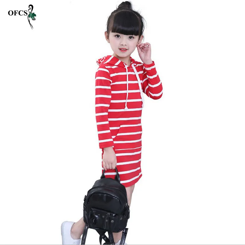 

Retail Autumn Girl Hooded Clothes Dress Long Sleeve Black&Red Stripes Girls Cotton Dress Teenage Dress vestidos Infantis Pocket