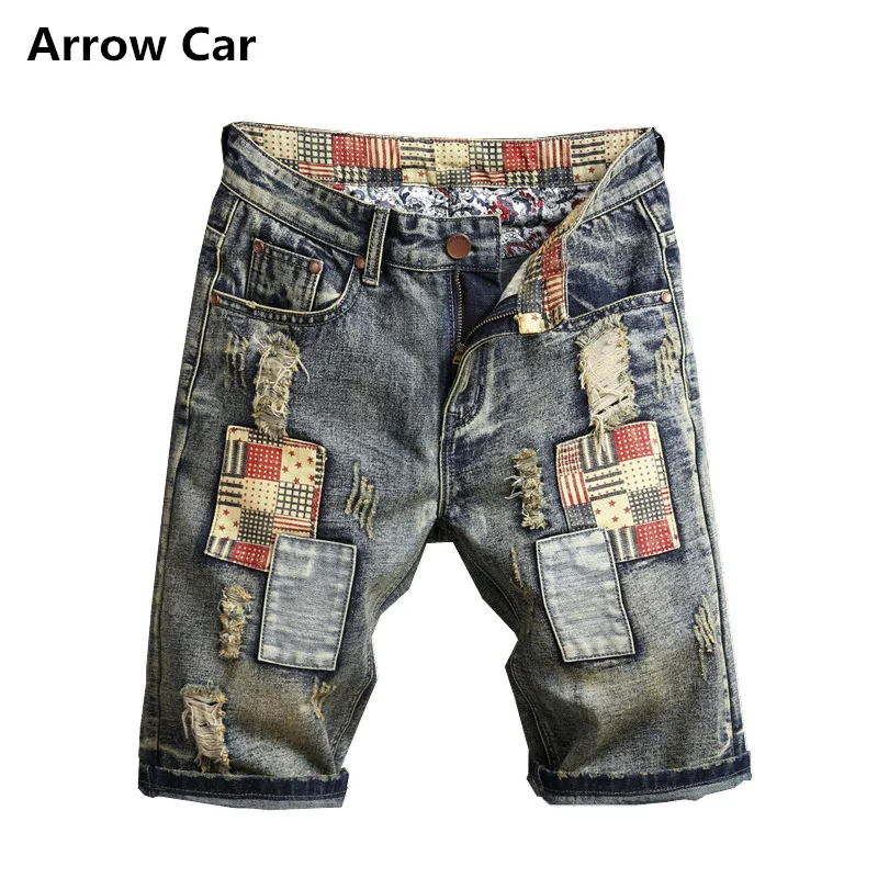 Arrow Car мужские модные рваные прямые шорты из джинсовой ткани винтажные нашивки джинсы короткие мужские эластичные Лоскутные мужские шорты плюс размер 40