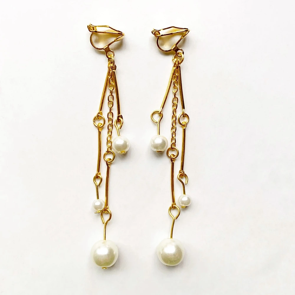 

Handmade Ear Clips Earrings Pearl Imitation Gold-color Chain Double Connector Jewelry Earrings Plastic Pearls Beads Wholesale