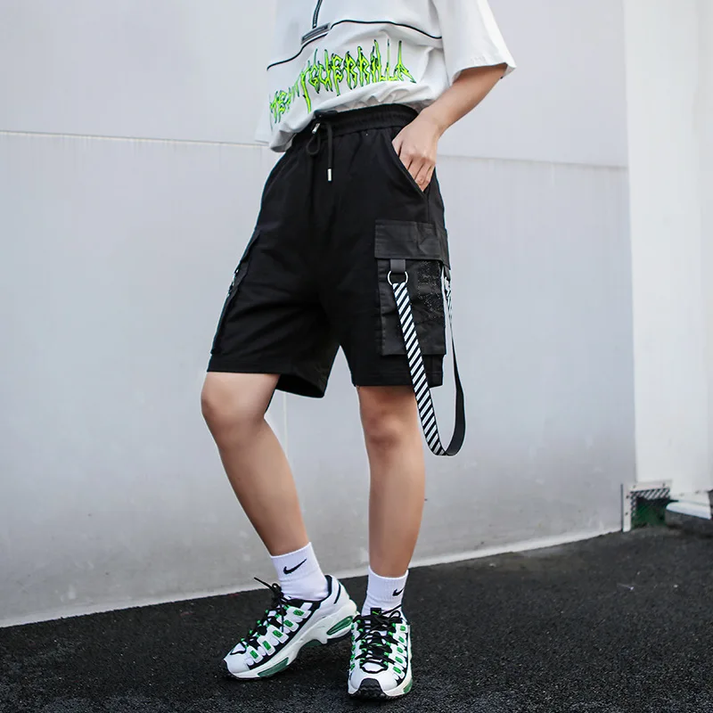 

Women Summer Short Cargo Pants Loose Hip hop Baggy Overalls Rock Casual Short Pants Ribbon Bicycle Pants Big Pockets