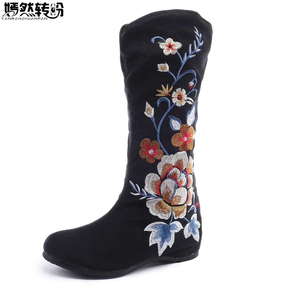 

Autumn Old Beijing Cotton Floral Embroidered Woman Casual Mid Boots Ladies Canvas Flat Platform Shoes Botas Mujer Zipper