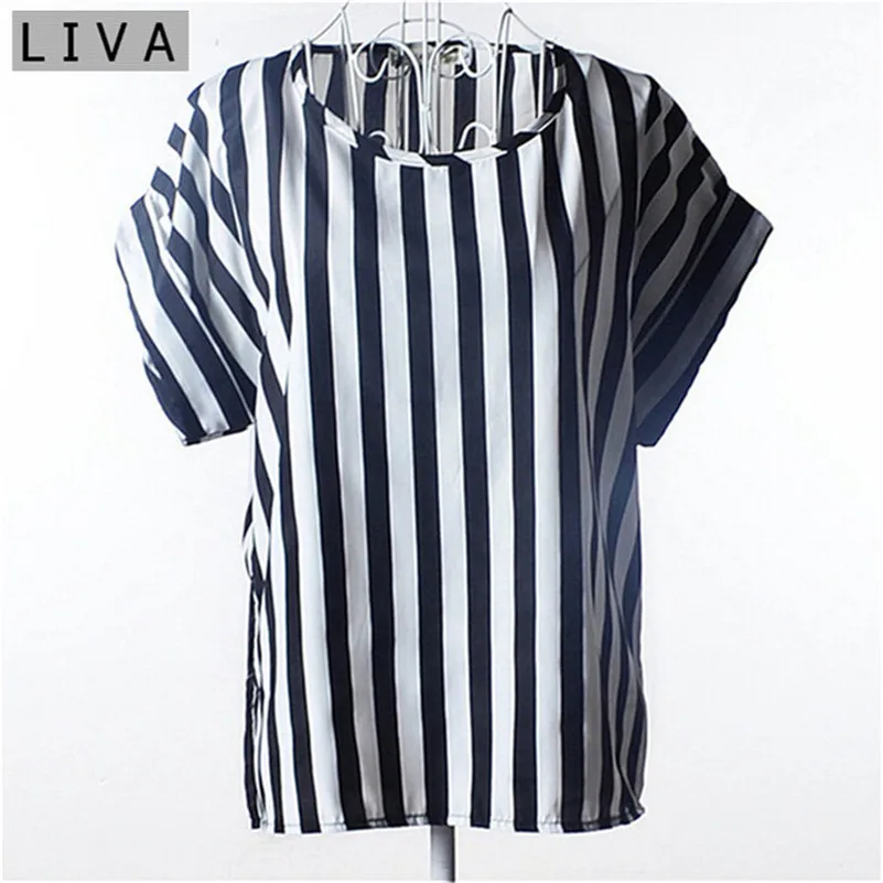 Летняя тонкая женская рубашка S-XXL, летняя стильная Свободная шифоновая блузка с красочным принтом, повседневные топы с коротким рукавом, женская блуза в полоску - Цвет: 4
