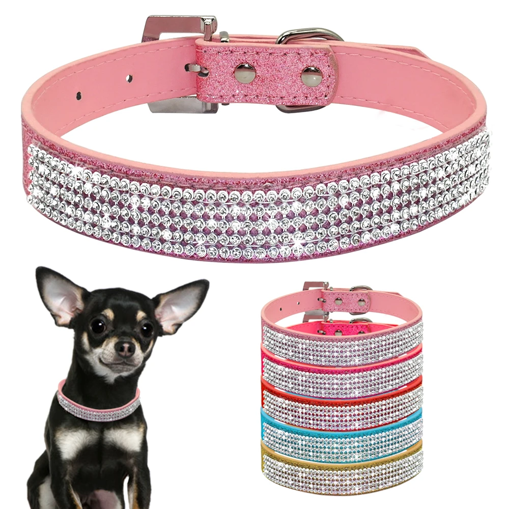 

Bling Diamante Rhinestone PU Leather Cat Dog Collars Pink for Small Medium Dogs Chihuahua Yorkie 5 Colors Size XS S M L