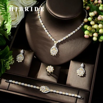 

HIBRIDE Exclusive Dubai Gold Plate Jewellery Luxury Cubic Zirconia Necklace Earring Bracelet Party Jewelry Set for Women N-135