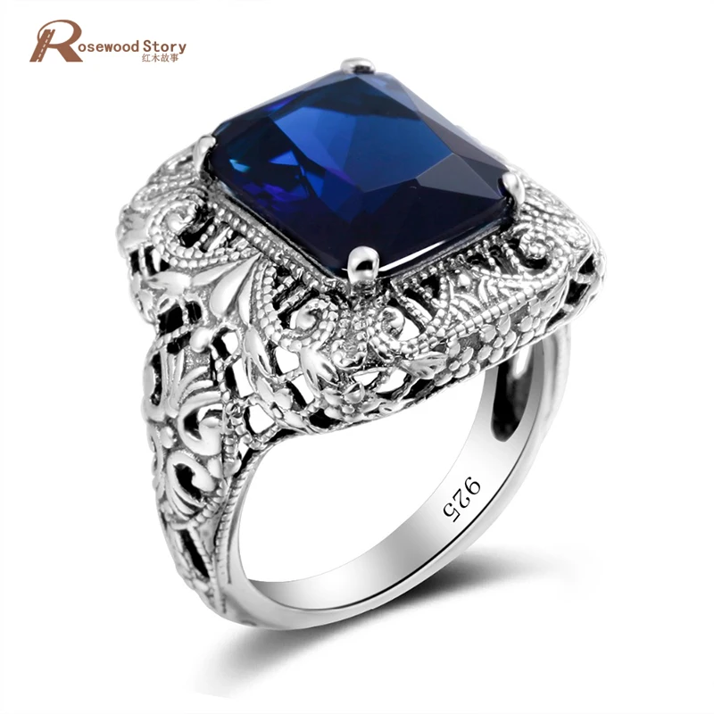 

Gorgeous Handmade Charm Square Cut Created Sapphire Stone Ring Real 925 Sterling Sliver Jewelry Big Cocktail Ring Women Wedding
