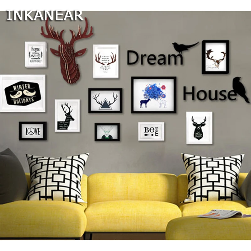 

INKANEAR Wooden Painting Photo Frame Set Letter Birds Deer Fashion Home Decor Wood Wall Decoration Family Picture Frame Wall
