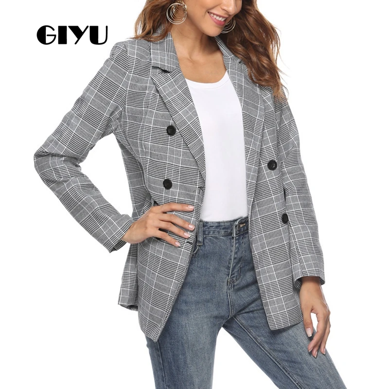 GIYU Spring Women Gray Plaid Printing Blazer Long Sleeve Double Breated Jackets Sexy Slim Tops Casual camiseta mujer
