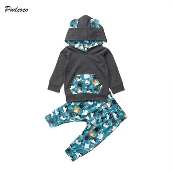 

0-24M Cute Newborn Baby Boy Girl Clothes Cartoon Cat Print Long Sleeve Hooded Tops+Long Pant 2PCS Outfits Clothing Set