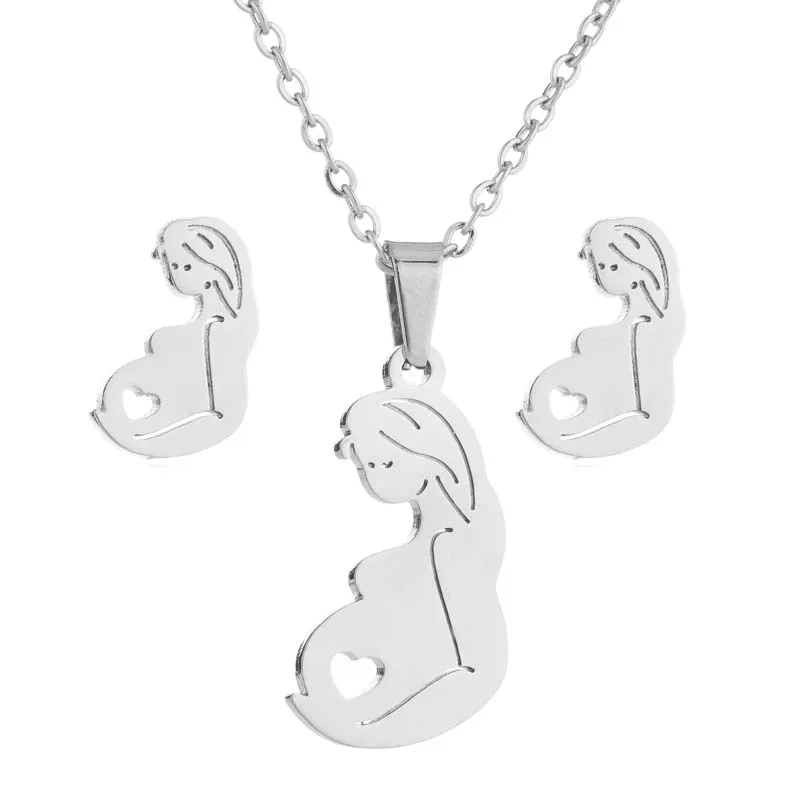 Hfarich Мода Кролик Дерево Микки крест молния кулон из сердца с цветами ожерелье из нержавеющей стали ожерелье, комплект украшений для женщин - Окраска металла: necklace set 058