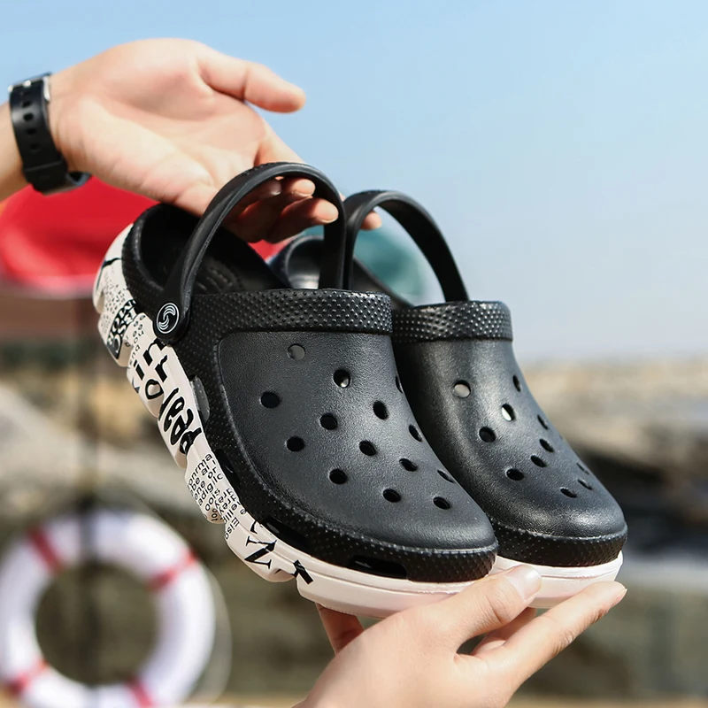 Ceny 2019 moda Hot sprzedaż Croc mężczyźni czarny ogród Casual EVA drewniaki męskie zespół sandały letnie slajdy plaża buty do pływania rozmiar 38 46 47