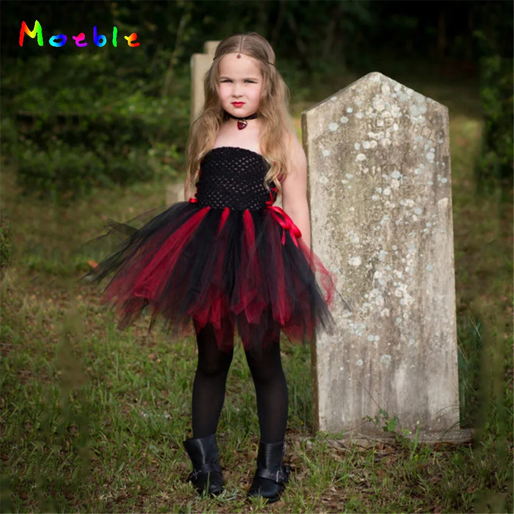 

Black Red Vampire Girl Party Dress Halloween Christmas Children Kids Scary Monster Cosplay Tutu Dress for Baby Girl Dress Up