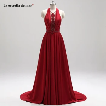 

Vestidos de graduacion largos 2019 new chiffon crystal sexy V neck A line red prom dresses trailing gala jurken real photos