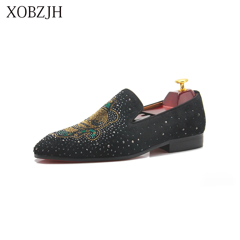 

Italian Genuine Leather wedding Loafers Men Luxury Dress red bottom Shoes Designer Rhinestone Man G Brand Shoes High Quality