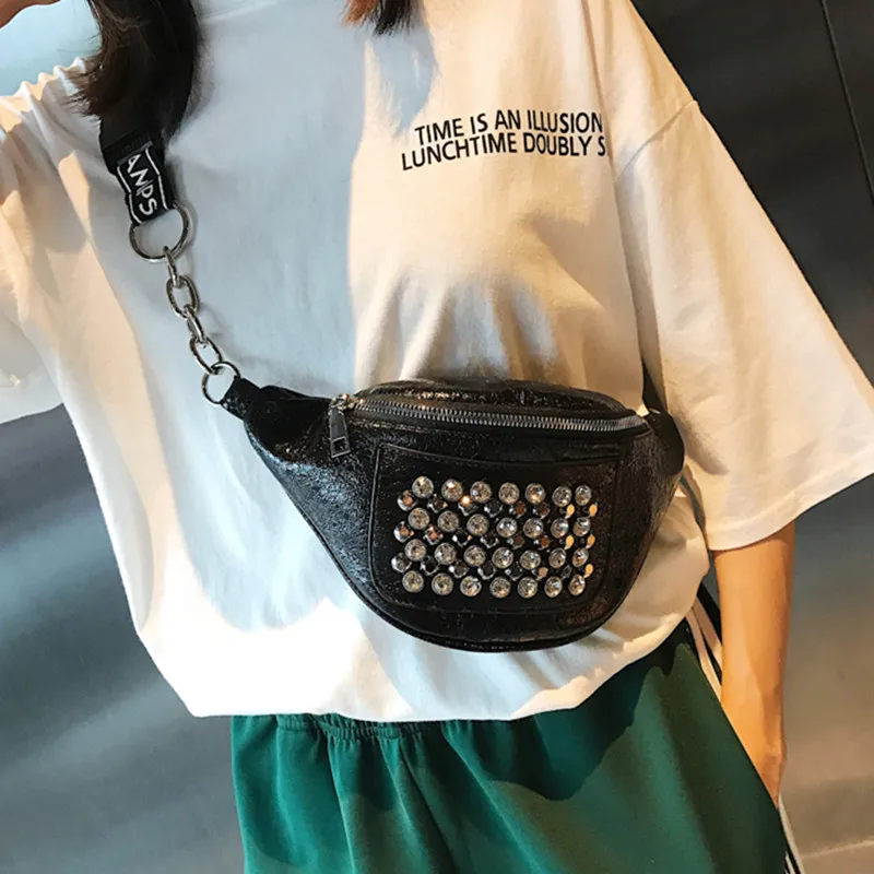 Women Sequined Chest Bags Fashion Leather Diamonds Chest Crossbody Bag