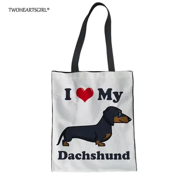 

TWOHEARTSGIRL Dachshund Westie Women Canvas Handbag Large Capacity Shoulder Bag Music Note Ladies Shopping Bag Eco Tote Bag