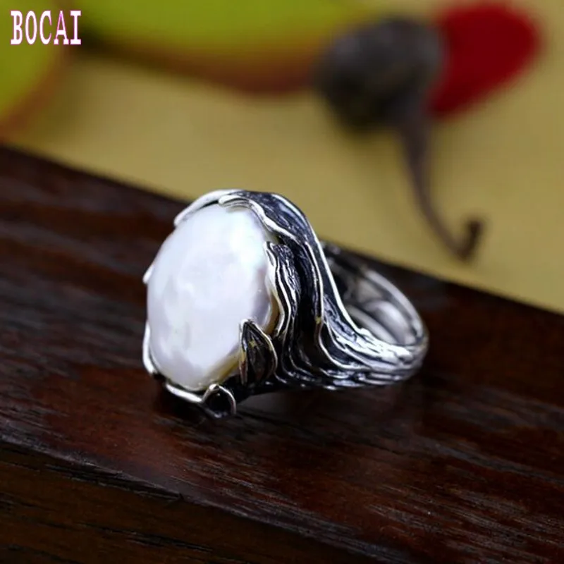 

BOCAI Exaggerated Personality Baroque Shaped Pearl S925 Silver Jewelry Adjustable Opening Beautiful Woman Ring Birthday Gift