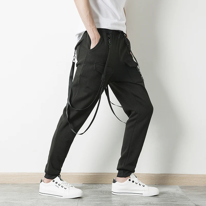 Брюки мужские весна осень популярный логотип сплошной цвет мульти-карман хип-хоп ремень с повседневными штанами спортивные брюки