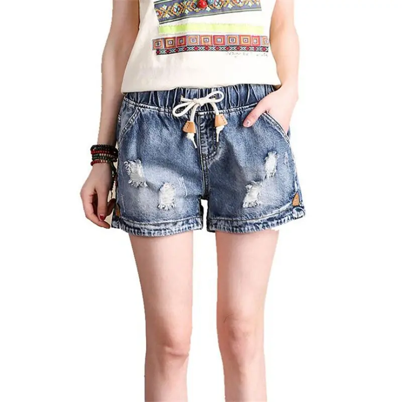 

Women Denim Short Jeans Washed Ripped Denim Elastic Waist Jeans Shorts Casual Hole Plus Size Boyfriend Short Jeans Feminino Q211