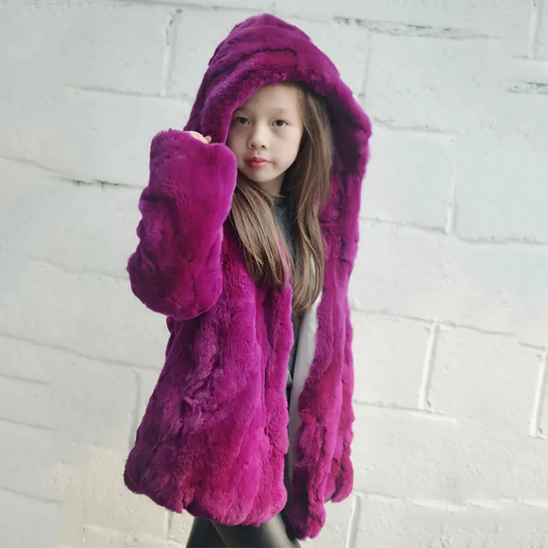 Kids Fur Coat 100 Real Rabbit Fur Jacket Children Girls Hooded Rex