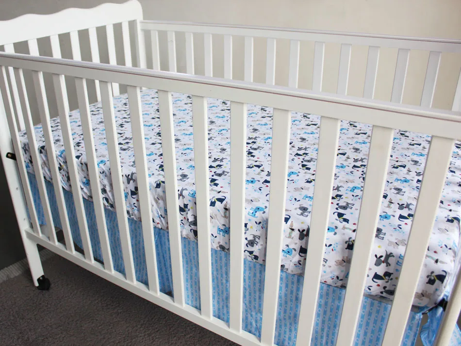 7pcs blue transportation and embroidery dog baby cot crib bedding dog crib sheets