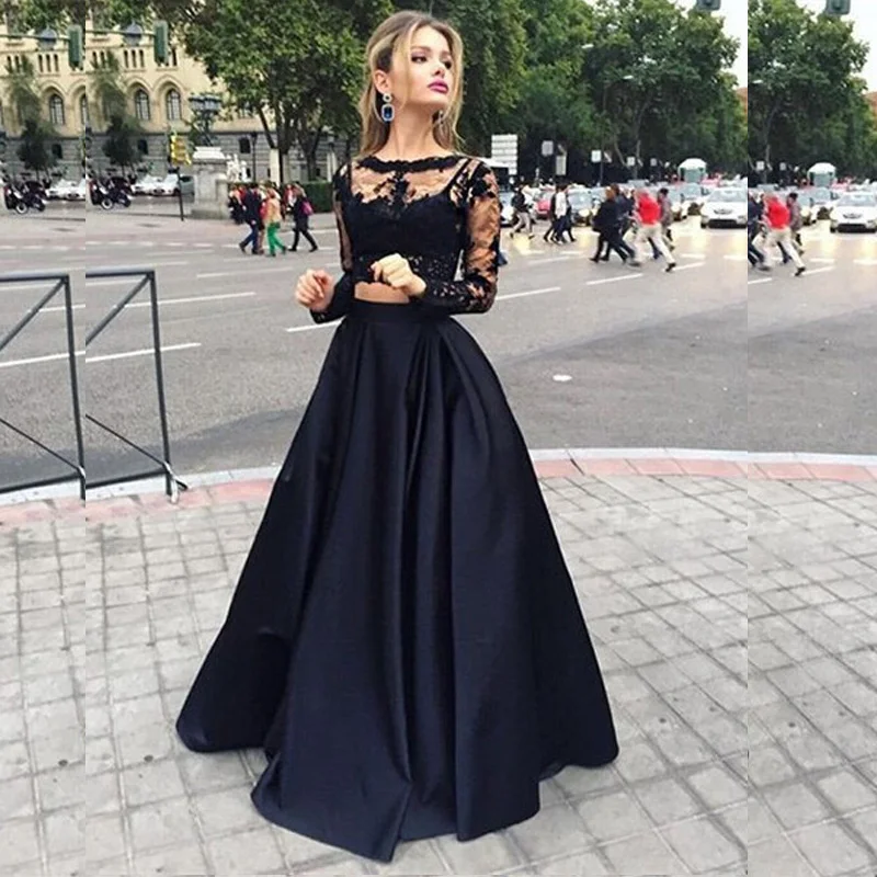 

Sexy Black Lace Long Sleeve Satin Prom Gowns Two Pieces Long Evening Gowns Floor-Length Fashion Party Dress Custom Made
