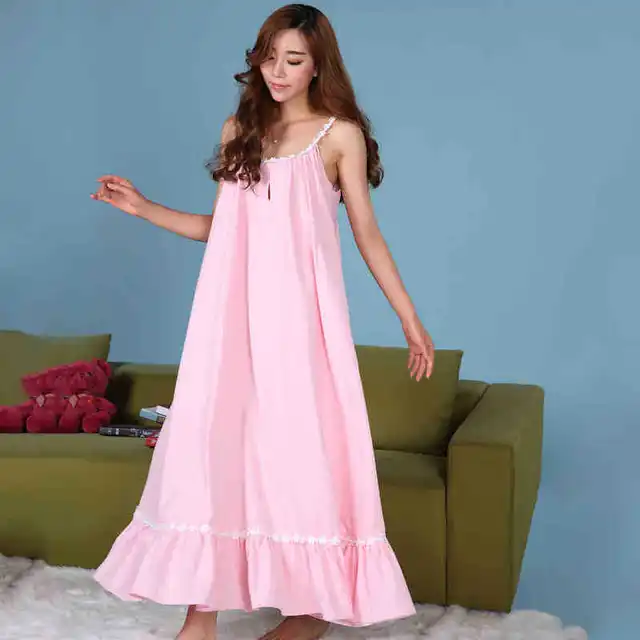 Plus Size Long Cotton Nightgowns Strap Princess Sexy Summer Dress Pink