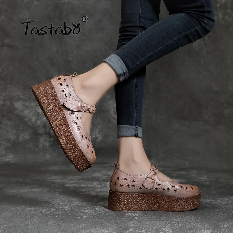 Tastabo Genuine Leather Women's shoes Thick bottom design simple casual style Z1921 Leather comfortable insole Brown Sand 35-40