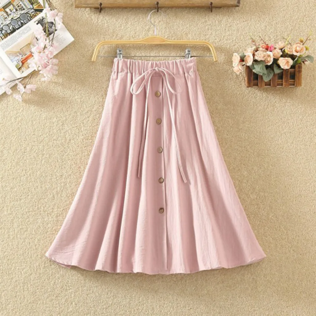 

Elegant Female Summer Korean Midi Skirts Women Elastic High Lace Waist Wild Loose Solid Button Leisure Flax Skirt W612